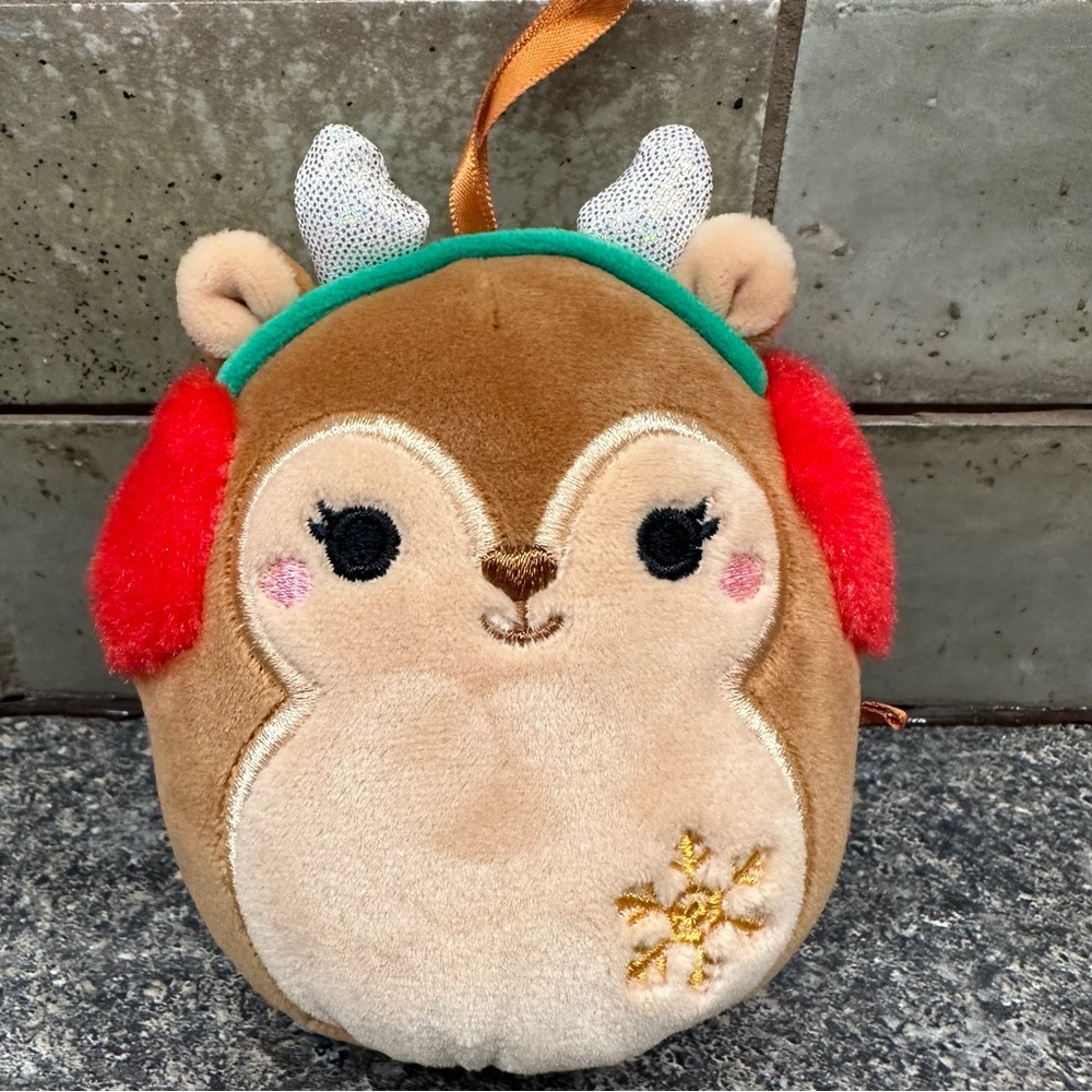 Squishmallows Plush Darla  Reindeer Ornament with Red Ear Muffs